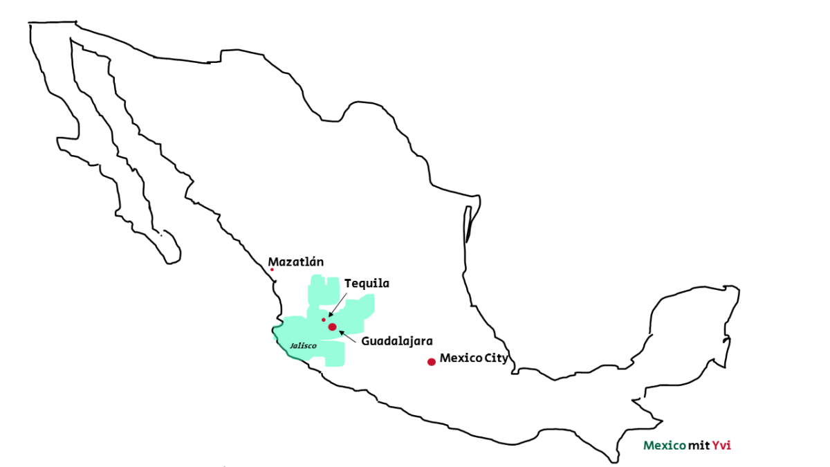 Landkarte Mexiko mit Bundesstaat Jalisco. Städte:, Guadalajara, Tequila und Mazatlán