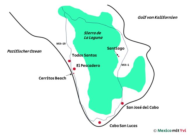 Landkarte der südlichen Süden Baja California Sur (Niederkalifornien) mit Fokus auf Santiago