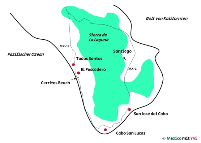 Landkarte der südlichen Süden Baja California Sur (Niederkalifornien) mit Fokus auf Santiago